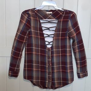 Gilded Intent/ Buckle- Long Sleeve Multi- Colored Flannel, Cut- Outs- Size Small